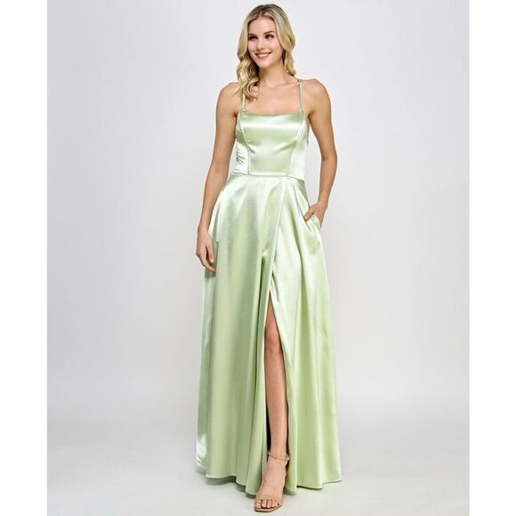 Speechless Juniors' Satin Front-Slit Lace-up Gown, Created for Macy's - Pistachi - Picture 1 of 3